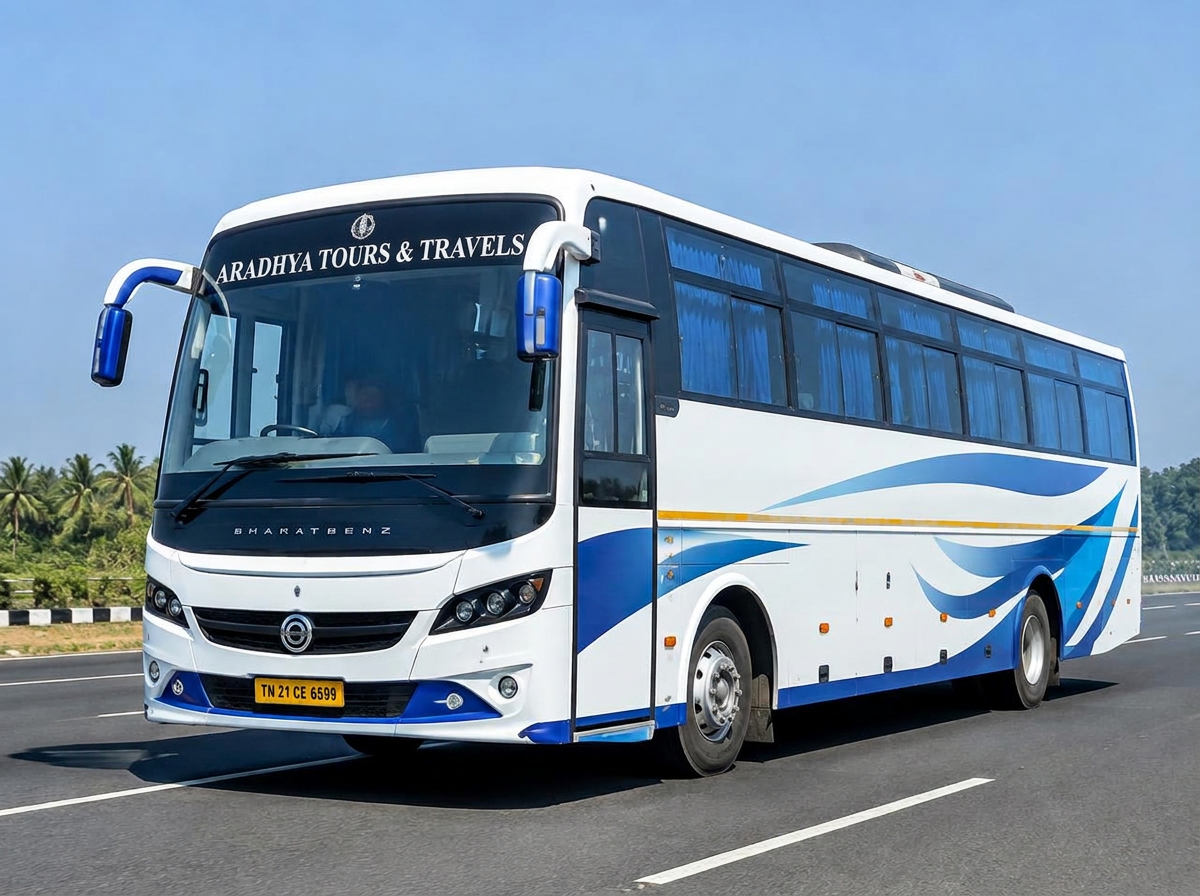 Large touring coach on the road at golden hour